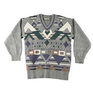 Vintage‎ Gelifan France Sweater Mens S Gray V Neck Long Sleeve Knit Geometric